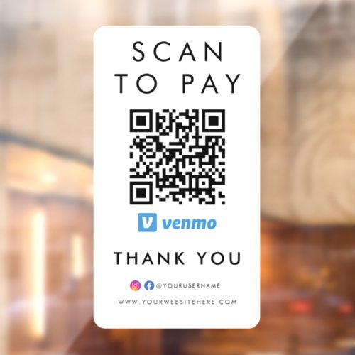 Thank you Venmo Modern Scan to Pay QR Code White Window Cling