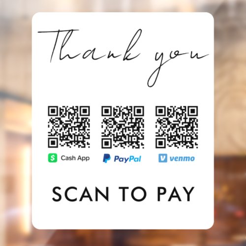 Thank you Venmo Paypal CashApp Scan to Pay White Window Cling