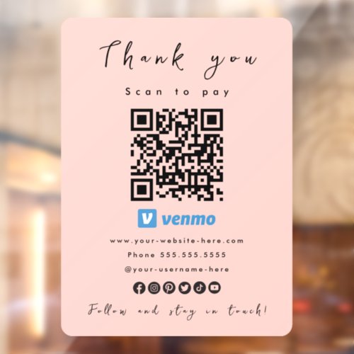 Thank You Venmo QR Code Scan to Pay Blush Pink Window Cling