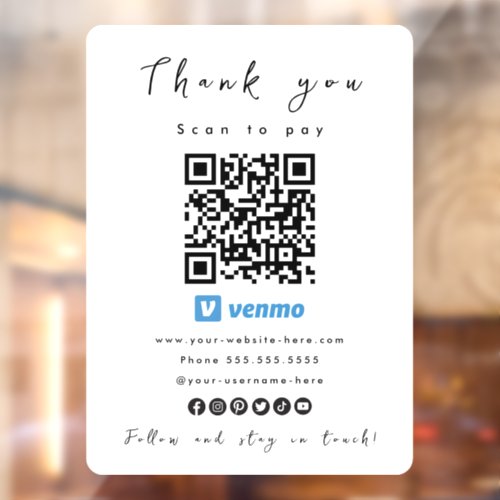 Thank You Venmo QR Code Scan to Pay White Window Cling