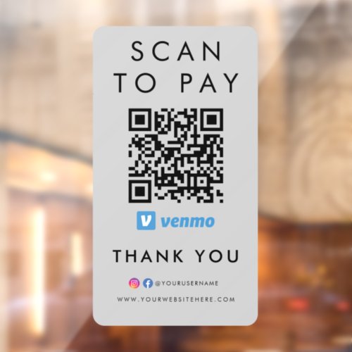 Thank you Venmo Scan to Pay QR Code Modern Grey Window Cling