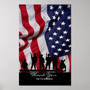Thank You Veterans - American Flag and Soldiers Poster