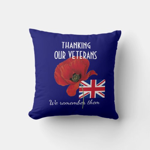 THANK YOU VETERANS British UK Poppy Throw Pillow