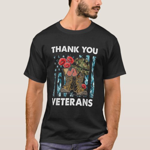 Thank You Veterans Day Combat Boots Poppy Flowers T_Shirt