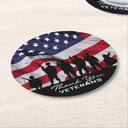 Thank you Veterans _ Soldiers silhouette and Flag Round Paper Coaster
