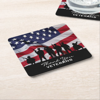 Thank you Veterans - Soldiers silhouette and Flag Square Paper Coaster