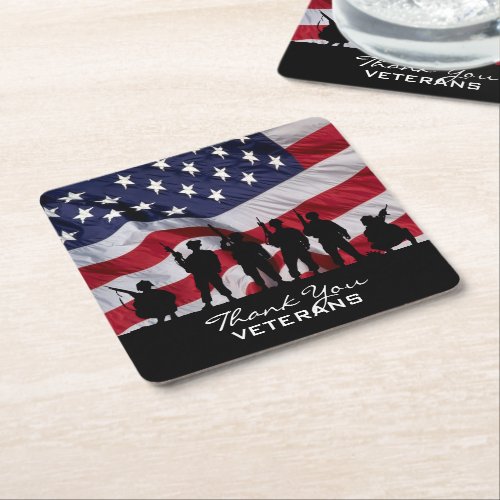 Thank you Veterans _ Soldiers silhouette and Flag Square Paper Coaster