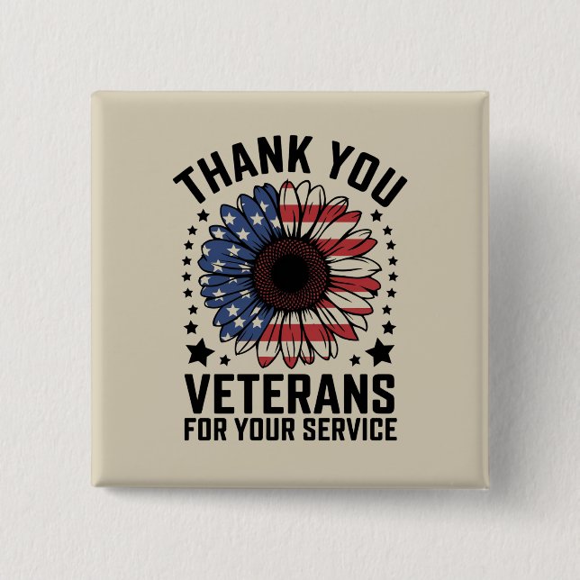 Thank You Veterans Sunflower Military Veterans Day Button (Front)