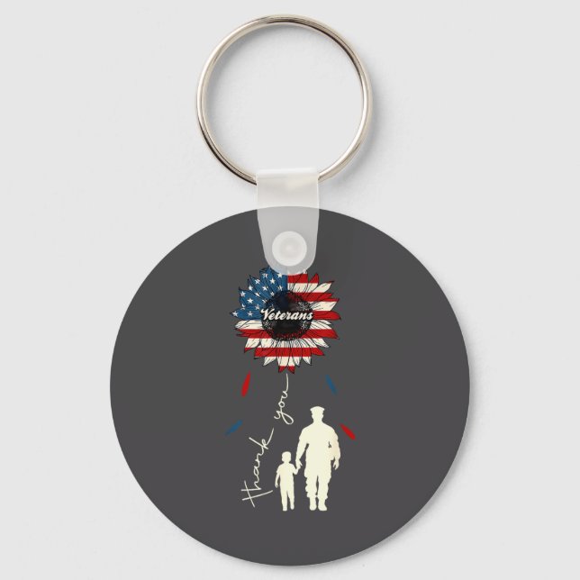Thank You Veterans Sunflower Usa Flag Military Pat Keychain (Front)