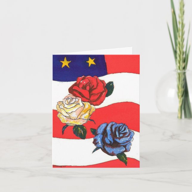 Thank You Vets Flag Red White Blue Roses Stripes Card (Front)