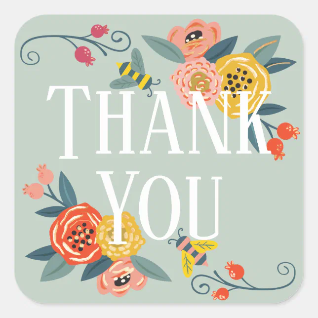 Thank You | Vibrant Floral Wildflowers & Honey Bee Square Sticker | Zazzle