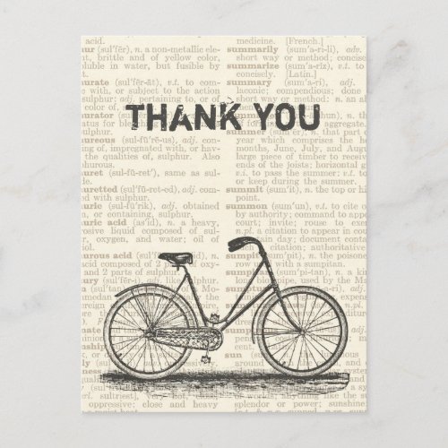 Thank You Vintage Bicycle Brown Dictionary Page Postcard