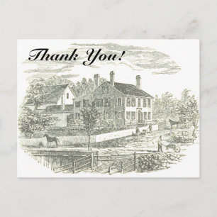 "Thank You!" + Vintage House and Farm Illustration Postcard
