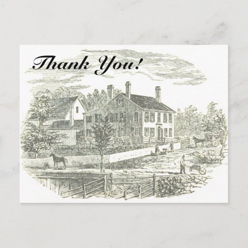 Thank You  Vintage House and Farm Illustration Postcard