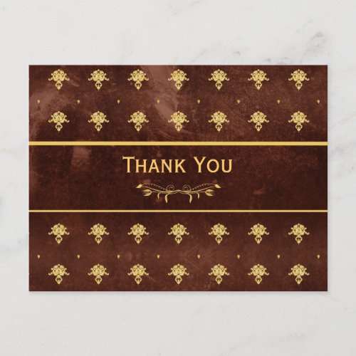 Thank You Vintage Leather Brown and Gold Damask Postcard