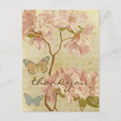 Thank You Vintage Pink Rhododendron Elegant Floral Postcard