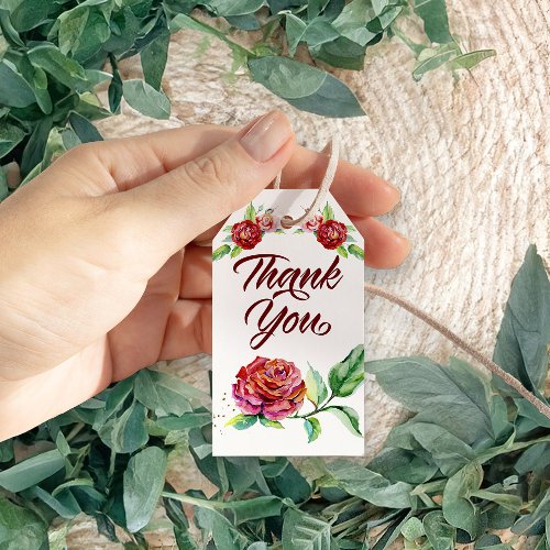 Thank You Vintage Red Roses Watercolor Floral Gift Tags