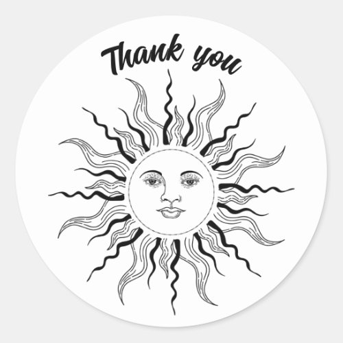 Thank you vintage retro sunshine face wavy rays classic round sticker