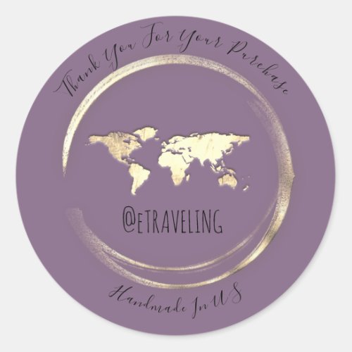 Thank You Violet Gold World Map Traveling Globe  r Classic Round Sticker