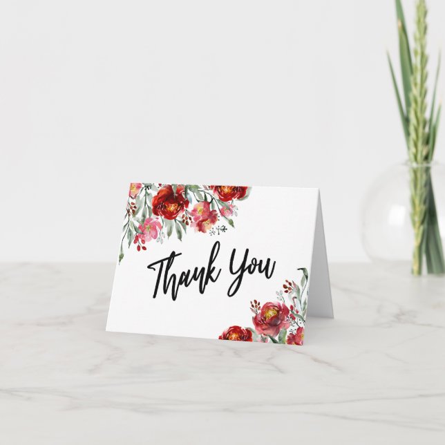 Thank You w/ Burgundy Red Watercolor Flowers (Front)