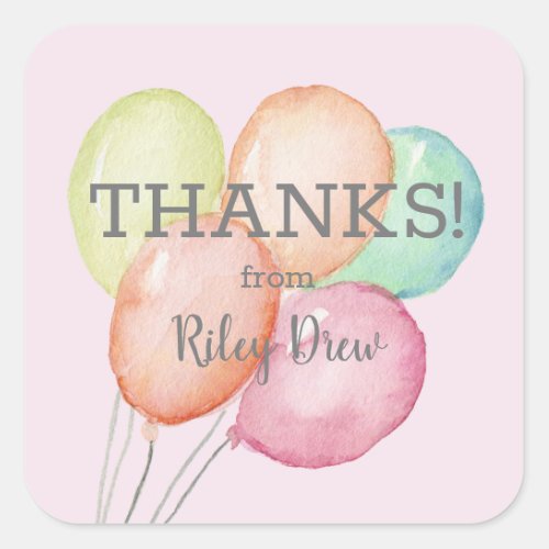 Thank You Watercolor Balloons Pink Square Sticker