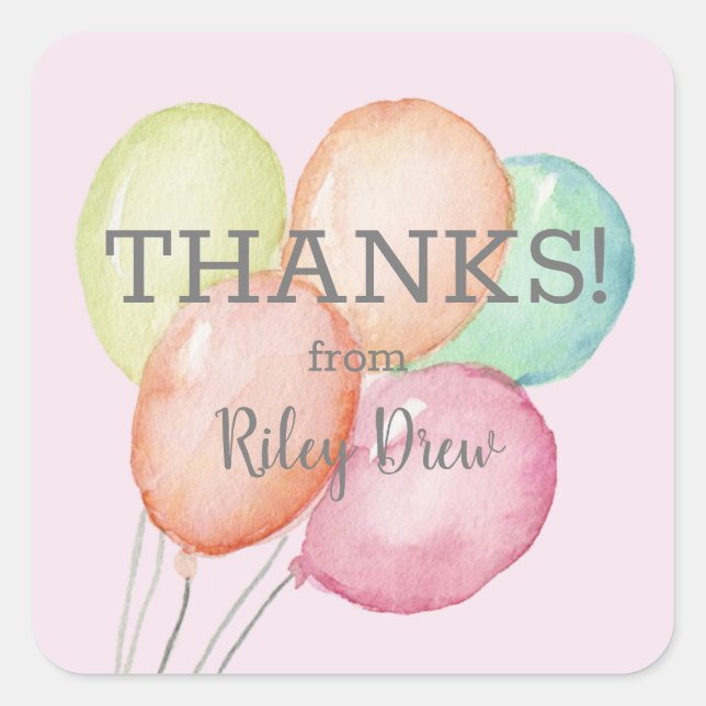 Thank You Watercolor Balloons Pink Square Sticker (Front)