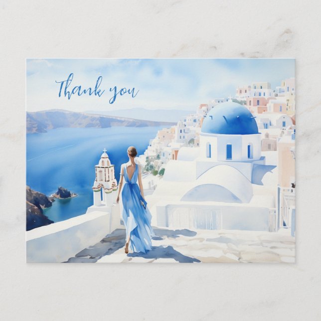 Thank you Watercolor, Blue color, Santorini, Postcard (Front)