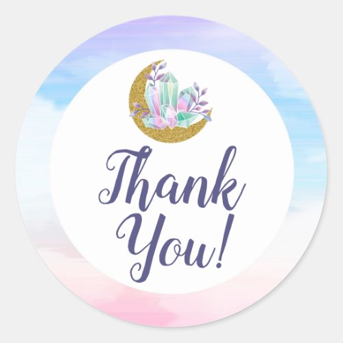 Thank You Watercolor Crystals  Gold Moon Boho Classic Round Sticker