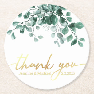 thank you Watercolor Eucalyptus Greenery gold Round Paper Coaster