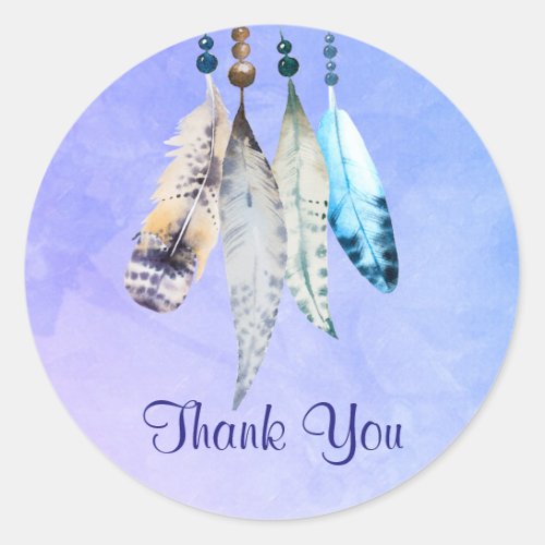 Thank You Watercolor Feathers on Bluish Purple Classic Round Sticker