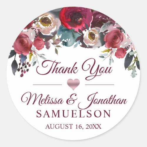 THANK YOU Watercolor Floral Burgundy Wedding Classic Round Sticker