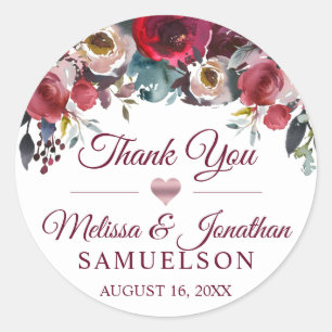 THANK YOU Watercolor Floral Burgundy Wedding Classic Round Sticker