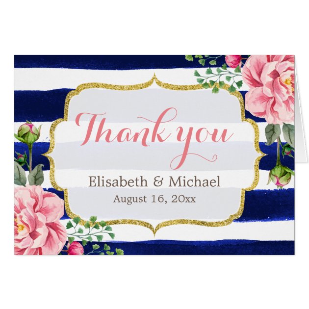 Thank You Watercolor Floral Navy Blue Stripes Card