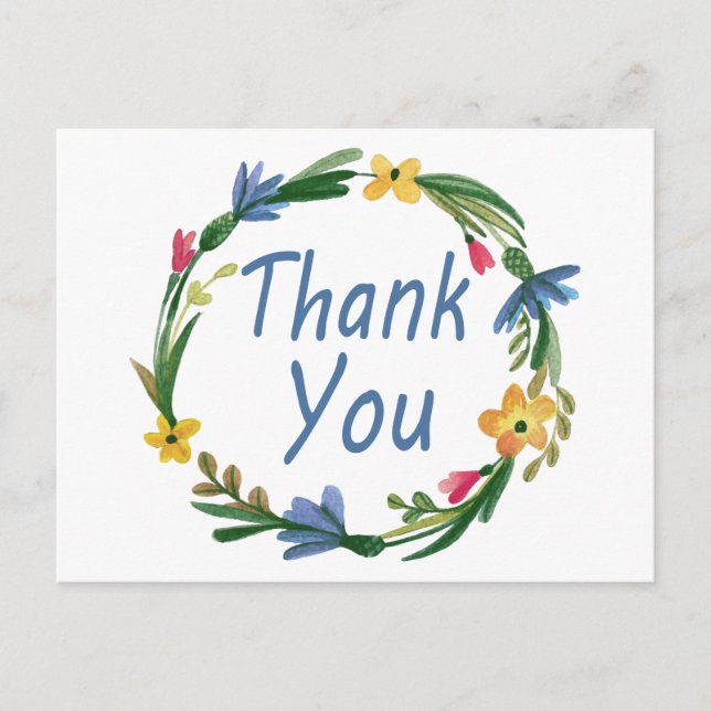 Thank You Watercolor Floral Wreath Blue Postcard (Front)