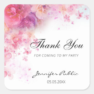 Thank You Watercolor Flowers Hand Script Template Square Sticker
