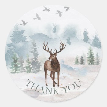 Thank You Watercolor Forest Woodland Deer Classic Round Sticker by MaggieMart at Zazzle