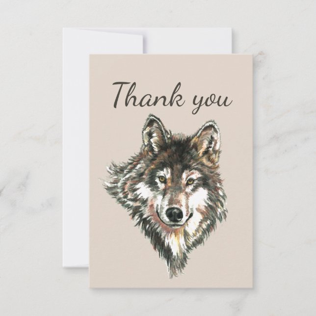 Thank You Watercolor Grey Gray Wolf Animal Art Card (Front)