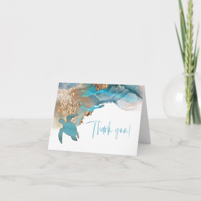 Thank You | Watercolor Ink Aqua Gold Card (Front)