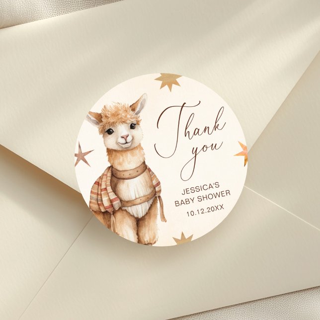 Thank You Watercolor Llama Baby Shower Classic Round Sticker (Creator Uploaded)