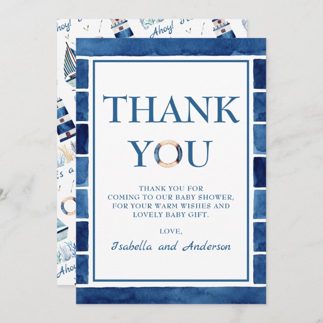 Thank You Watercolor Nautical Themed Baby Shower (Front/Back)