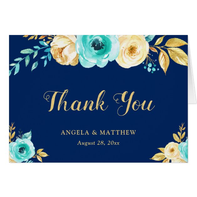 Thank You - Watercolor Navy Blue Teal Gold Floral Card