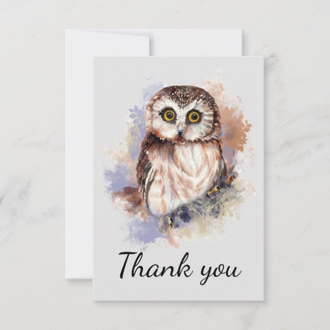 Thank You Watercolor Owl Bird Card (Front)