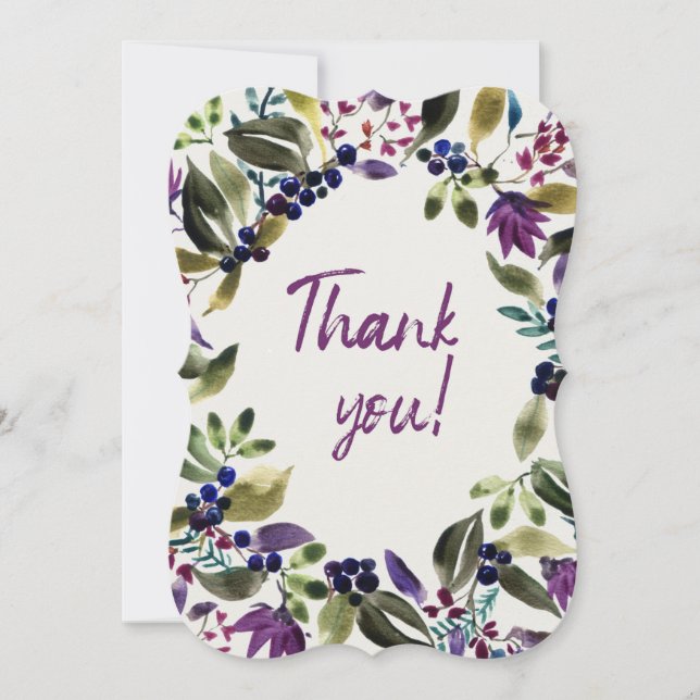 Thank You! Watercolor Painted Purple Flowers Thank You Card (Front)