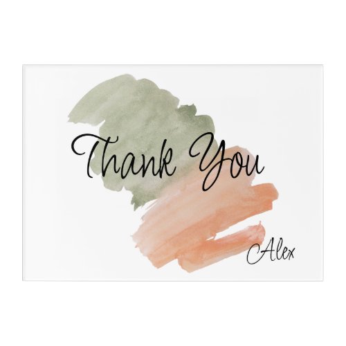 Thank You Watercolor Peach and Green Custom Name Acrylic Print