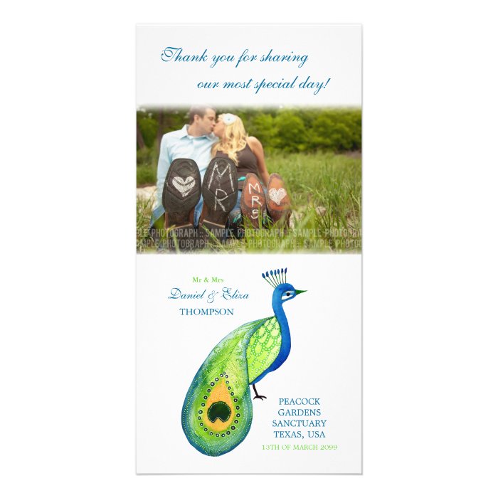 Thank You Watercolor Peacock Wedding Photo Card