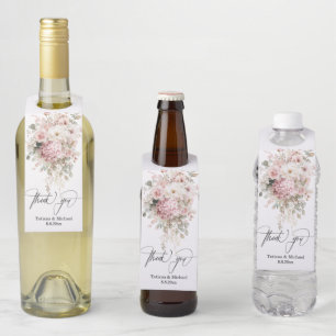 thank you, watercolor pink floral bouquet wedding bottle hanger tag