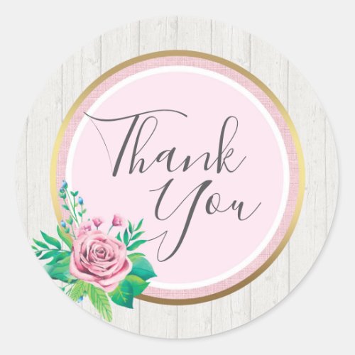 Thank You Watercolor Roses  Rustic Wood Shabby Classic Round Sticker
