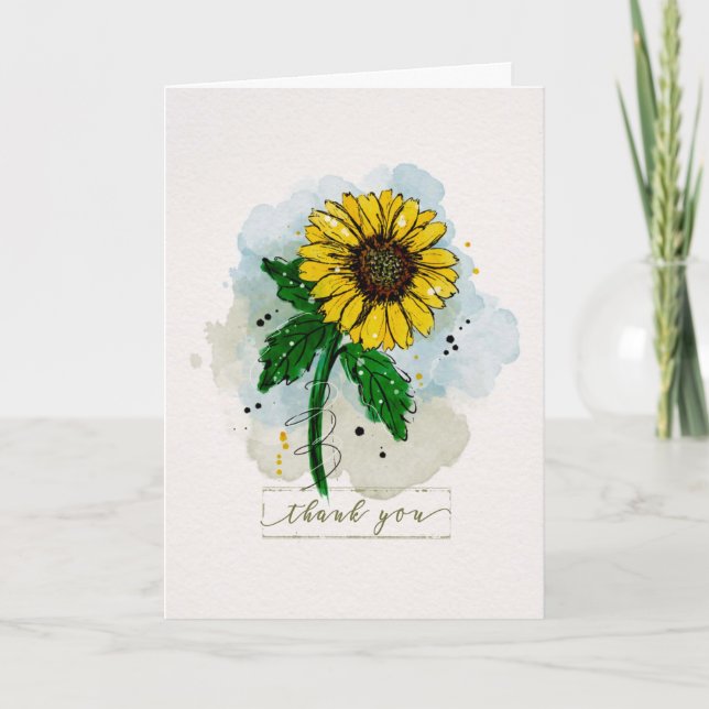 Thank You Watercolor SketchyDoodle Sunflower Card (Front)