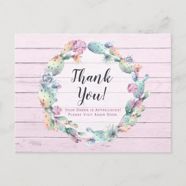 Thank You Watercolor Succulent Cactus Rustic Wood Postcard (Front)