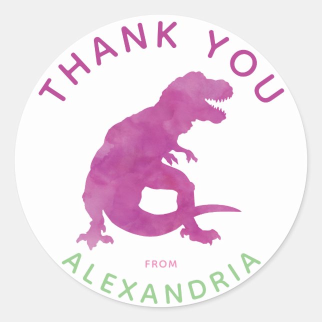 Thank You Watercolor T-Rex Dinosaur Personalized Classic Round Sticker (Front)